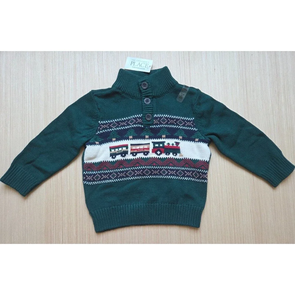 Children's Place Toddler Boys 12-18 Mos Train Fairisle Mock Neck Sweater Green